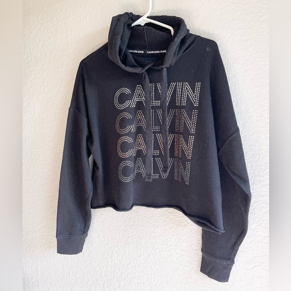 Calvin Klein Jeans Womens Black Crop Rhinestone Hoodie Size M - Picture 8 of 13